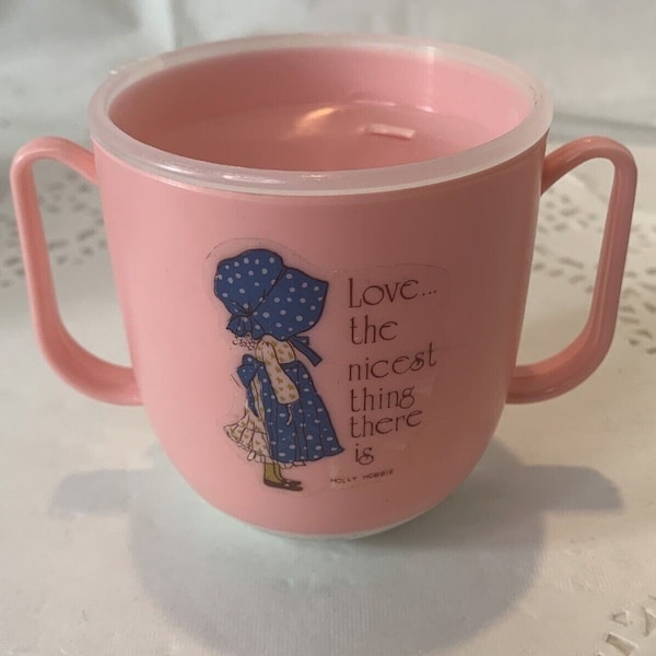 Vintage Holly Hobbie Collectible Weighted Tip And Spill Proof Pink Training Or Sippy Drink Cup With Original Box Made in Hong Kong