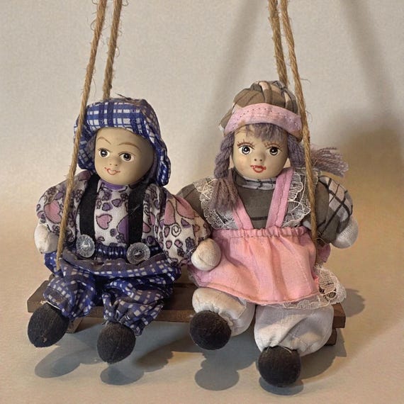 Vintage Porcelain Dolls on Wood Swing: 1990s Classic Treasures
