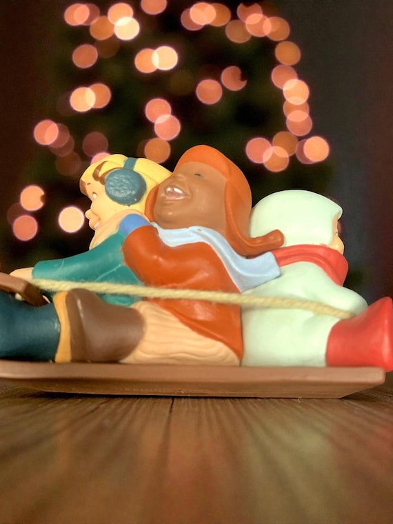 Vintage Hallmark Christmas Ornament: Smiling Children on Sled, 1988