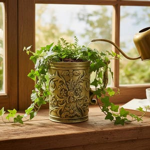 May include: A decorative, antique-style planter with intricate floral patterns is filled with greenery. A brass watering can pours water into the planter. A cup of coffee sits on a wooden surface near a window.