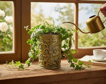 Vintage Napcoware Empire Ceramic Floral Crest Embossed Gold Colored Mug-Shaped Planter #C-7234