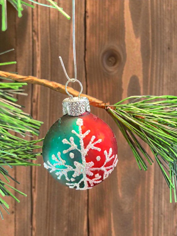 Vintage Glass Christmas Ornaments: Red & Green Snowflake Set of 6