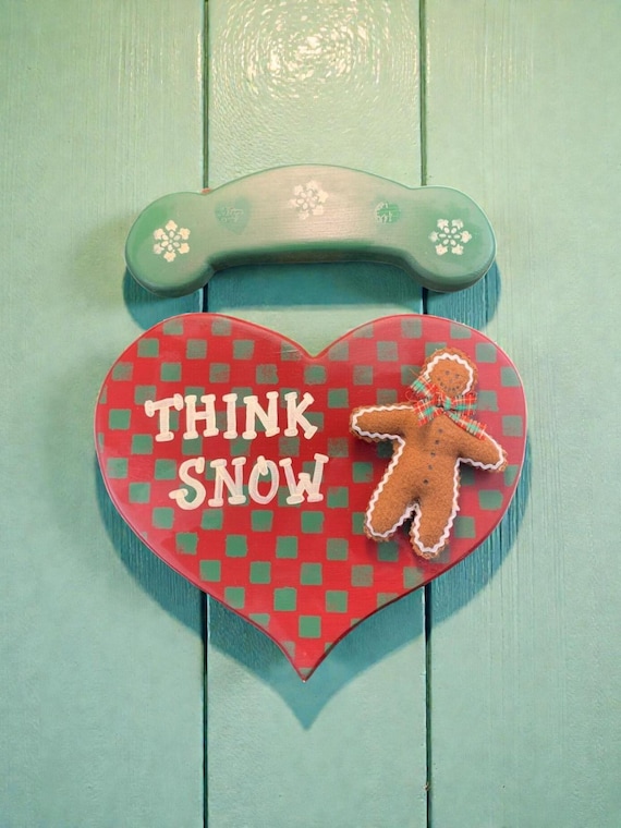 Vintage Wood Sleigh Heart Sign: Gingerbread Man Applique, "Think Snow"