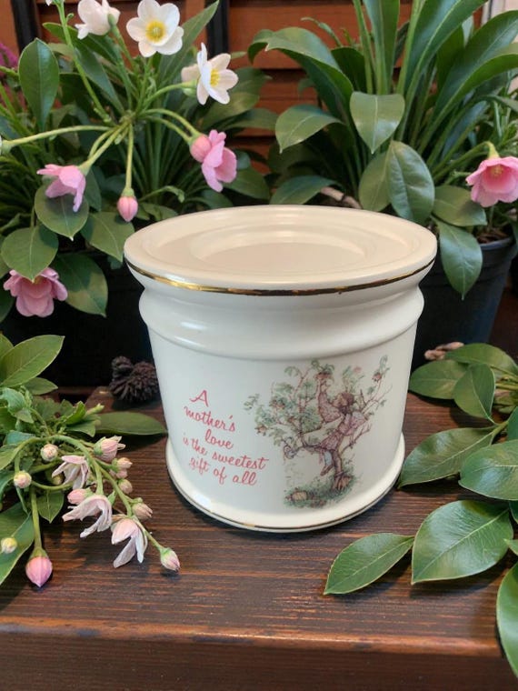 Vintage Holly Hobbie Ceramic Candle Holder: Mother's Love Quote, Gold Leaf Trim