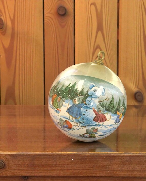 Vintage Spun Silk Christmas Ornament: Mice Building Snow Mouse