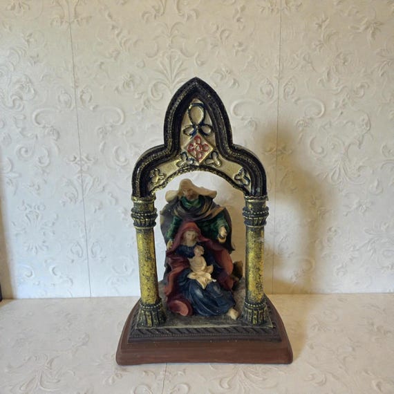 Vintage Resin Nativity Scene: Holy Family Under Arch, Holiday Decor