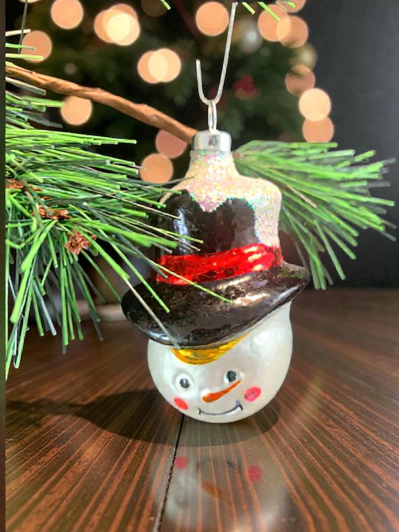 Vintage Bradford Glass Snowman Head Christmas Tree Ornaments Hand-Painted Set of 4