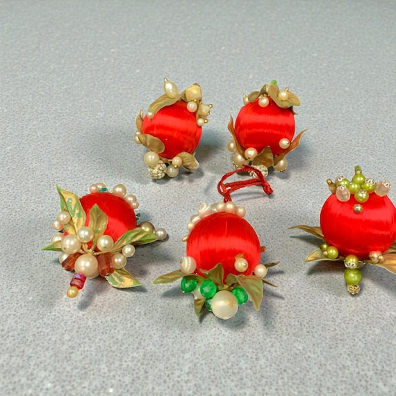 Vintage Beaded Christmas Ornaments: Red Fabric Holiday Decor, Set of 5