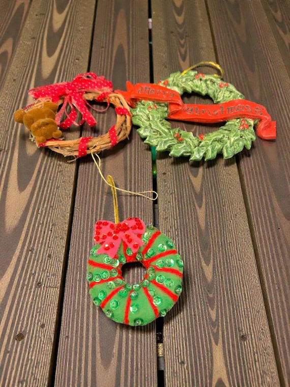 Vintage Wreath Christmas Tree Ornament Collection of 3 Merry Christmas Teddy Bear