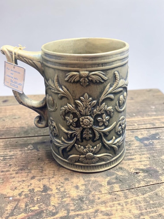 Vintage Napcoware Empire Ceramic Floral Crest Embossed Gold Colored Mug-Shaped Planter #C-7234