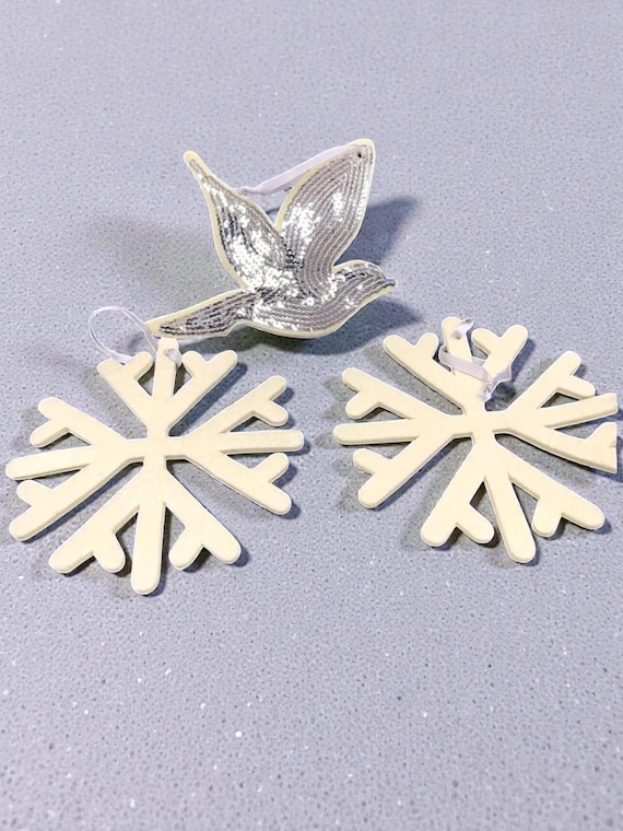 Vintage White Felt Snowflake Christmas Tree Ornaments and Silver Sequined Dove Set of 3
