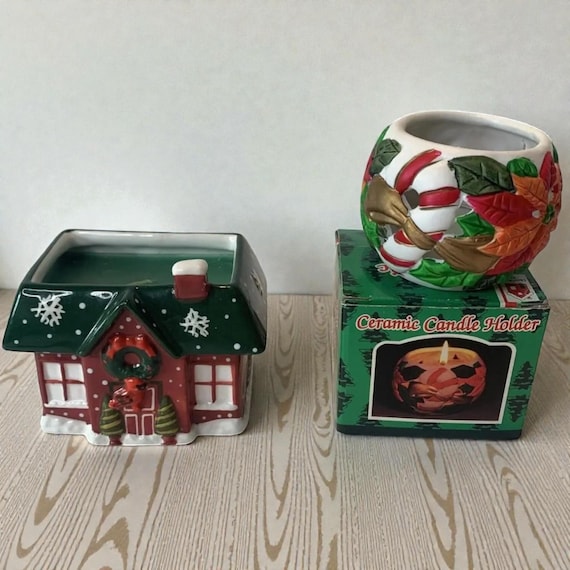 Vintage Ceramic Scented Christmas Candles: Holiday House & Round Poinsettia Set