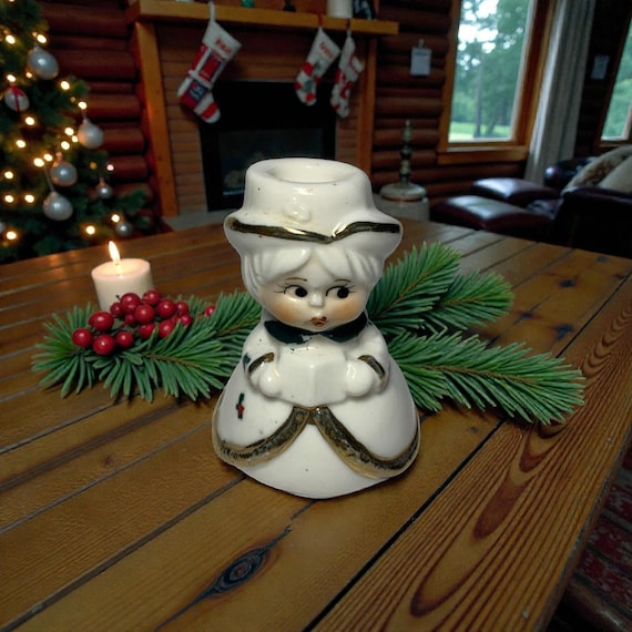 Vintage Decorative Ceramic Victorian Christmas Caroler Taper Size Candleholder With Gold Trim