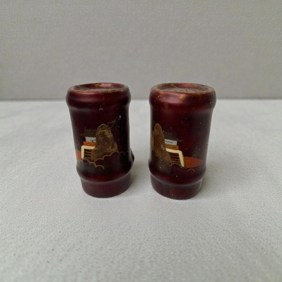 Vintage MCM Burgundy Salt and Pepper Shakers: Hand-Painted Asian Seaside Scene