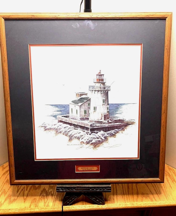 Ben Richmond Northern Lights Lithograph: Lake Erie Lighthouse, Framed Art