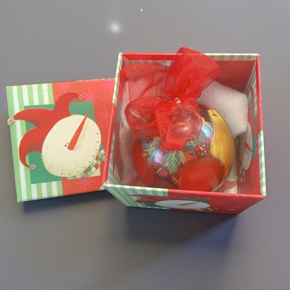 Round Hand-Painted Glass Christmas Tree Ornament W/Fruit Pattern & Glitter Comes With Box