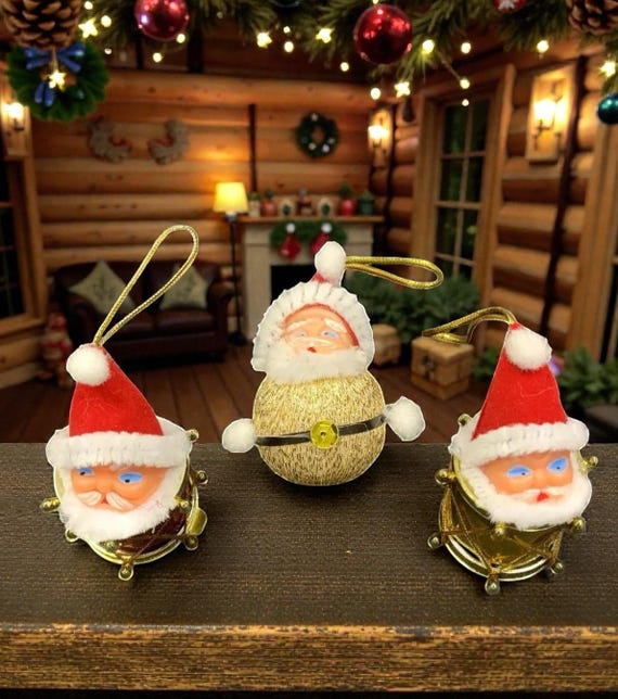 Vintage Santa Claus Head Christmas Tree Ornaments Whimsical Drums and Ball Set of 3