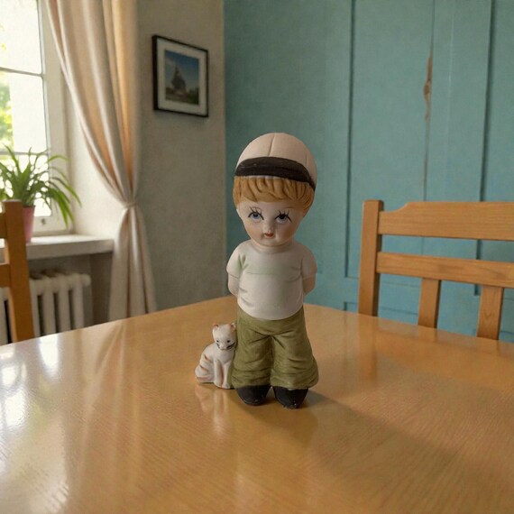 Vintage VCGC Ceramic Figurine: Boy with Kitty, Taiwan Decor