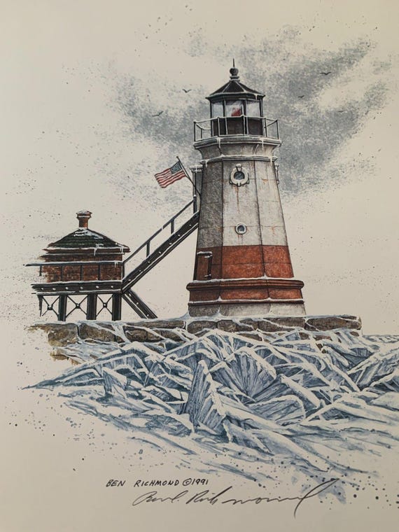 Ben Richmond Lithograph: Vermilion Lake Erie Lighthouse Art Print, Signed Limited Edition