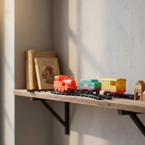 May include: A toy train set featuring a red locomotive, a green passenger car, and a yellow caboose. The train cars are on a black track, displayed on a wooden shelf with books in the background. The train set is a classic toy.
