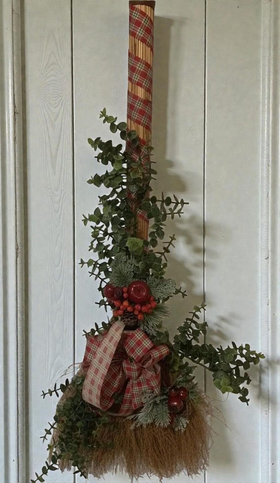 Vintage Handmade Christmas Broom Wreath Wall Or Door Art Holiday Decoration 32 Inches Tall