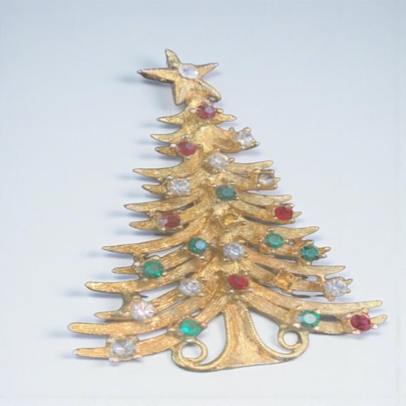 Vintage 1960s Mylu Gold Toned Christmas Tree Brooch or Pin W/Multicolored Rhinestones