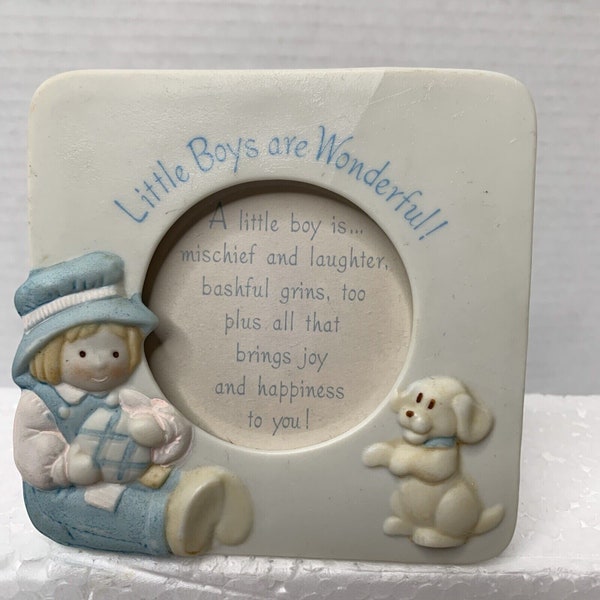 Vintage Holly Hobbie Porcelain Keepsake Freestanding Frame Little Boys Are Wonderful Inspirational Quote Baby Boy In Overalls Made In Japan