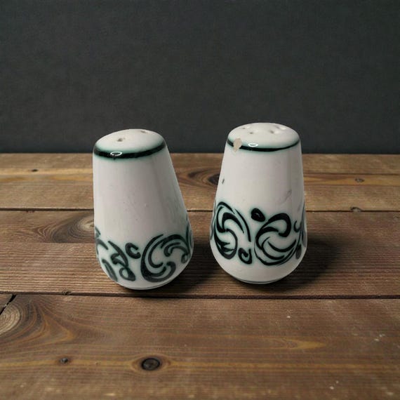 Vintage MCM Ceramic Salt and Pepper Shakers: Green Swirl Decor, Portugal