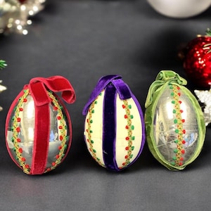 Vintage Egg Shaped Christmas Tree Ornaments Handmade With Colorful Velvet Ribbon and Bows Set of 3