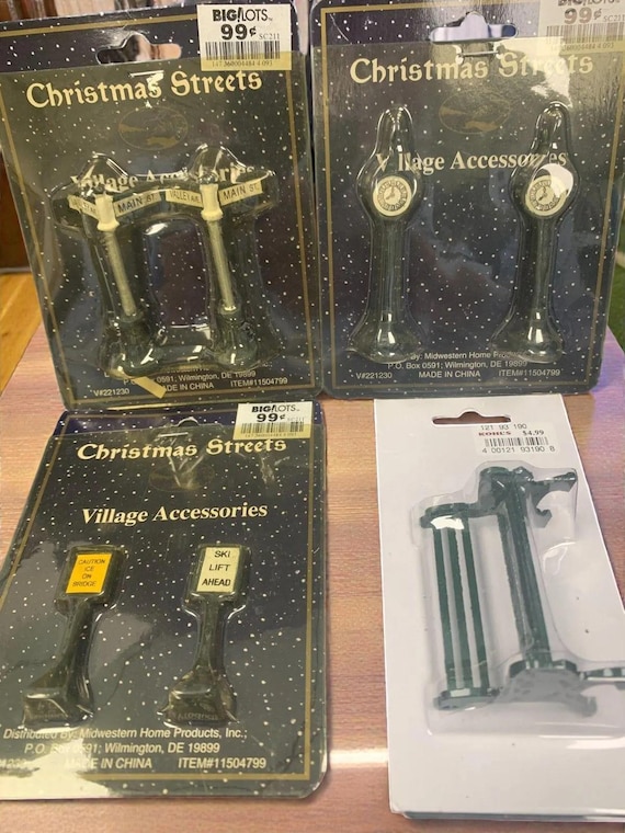 Vintage Christmas Village Accessories: Streets, Signs, Park Bench