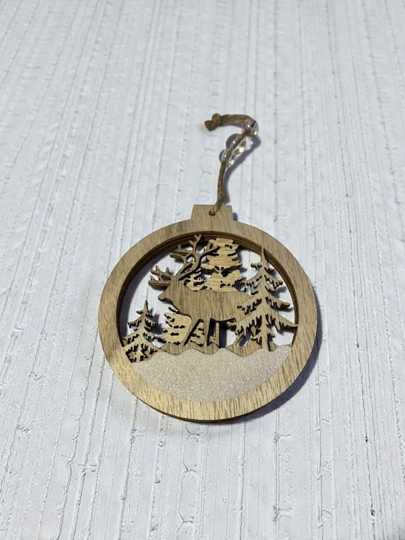 Vintage Wooden Christmas Ornament Set: 3D Deer Winter Scene