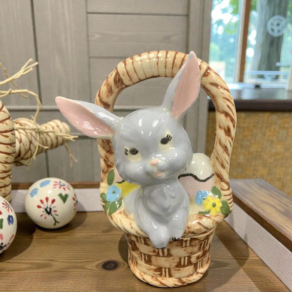 Vintage Hand-Painted Easter Bunny Basket: Trinket Box Figurine (1986)