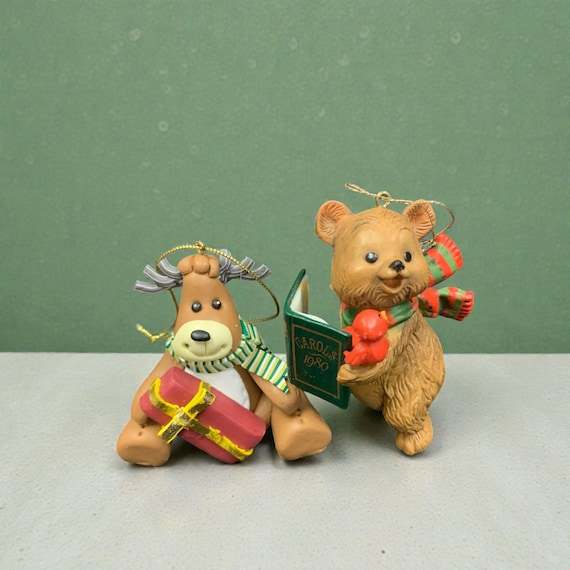 Vintage Resin Animal Christmas Tree Ornaments Whimsical Reindeer and Bear Set of 2