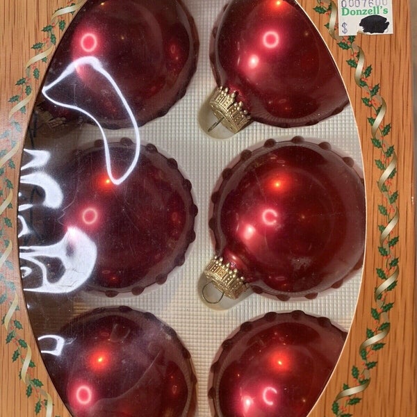 Vintage Christmas By Krebs Glass Ornaments In Imperial Scarlet Red Color With Signature Gold Crown Cap Set of 6 Made In The USA MPN 70151