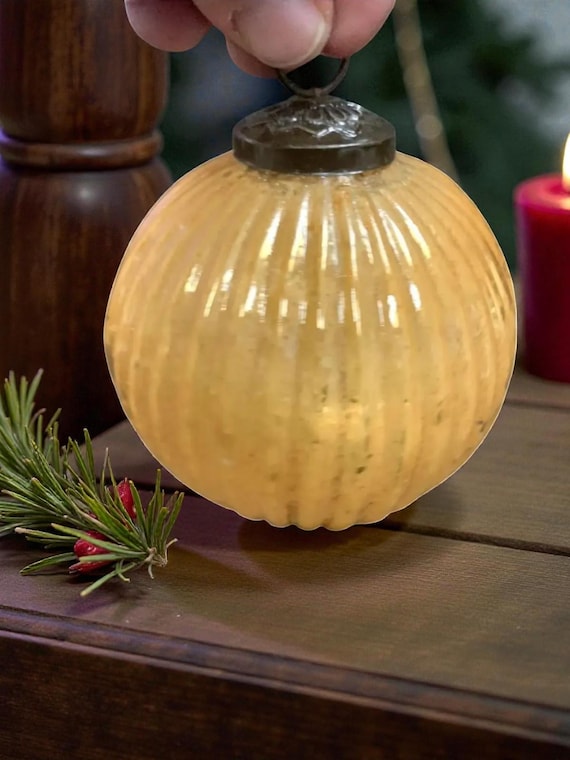 Vintage Frosted Glass Christmas Ornament: Large Gold Ribbed Bulb