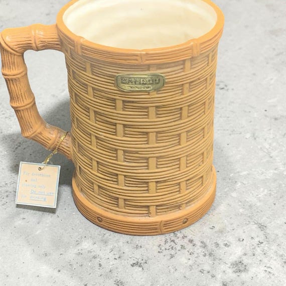 Vintage Napcoware Ceramic Brown Textured Woven Bamboo/Rope Look Mug Shaped Planter C-7434 (NOS)