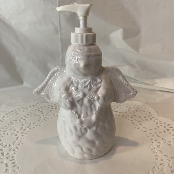 Vintage Glossy White Ceramic Snowman Snow Angel Refillable Reusable Soap Dispenser Christmas Winter Seasonal Decor