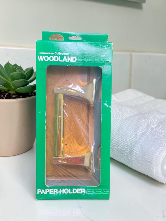 Pami Woodland Showcase Collection Toilet Paper Holder In Solid Oak & Polished Brass #9008 (NOS)