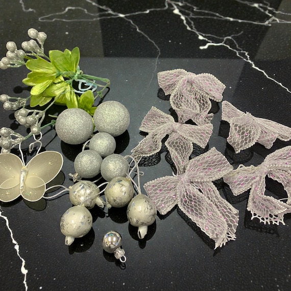 Vintage Christmas Ornament Set: Silver Bows, Glitter Berries, Butterfly (18 Total)