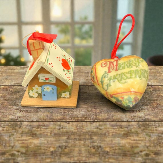 Vintage Christmas Ornament Set: Hand-Painted Putz House & Decoupage Heart