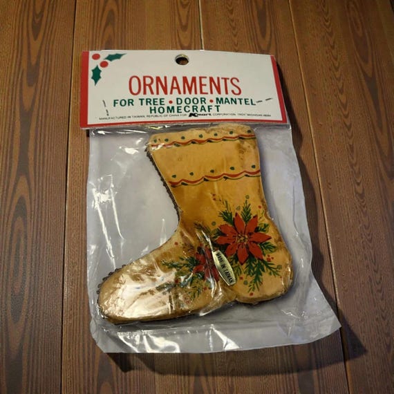 Vintage Kmart Christmas Stocking Ornament: Gold Poinsettia Decoration (New/Sealed)