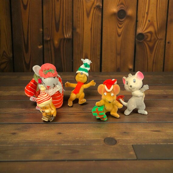 Vintage Flocked Dog and Mice Christmas Ornaments - Set of 5