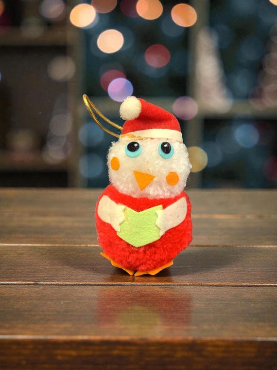 Vintage Russ Berrie Pom Pom Bird Christmas Ornament - MCM Santa Hat 1979