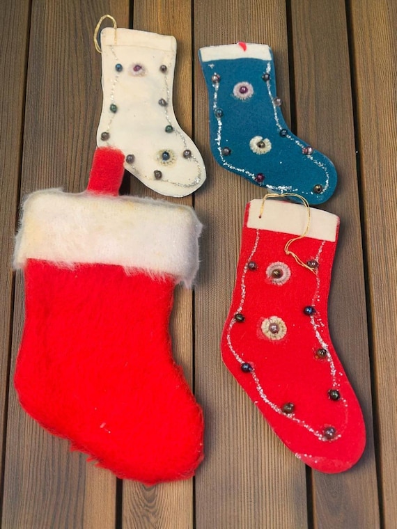 Vintage MCM Mini Felt/Fur Or Beaded Christmas Stockings Set of 9