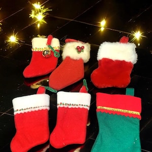 Mini Vintage Christmas Stockings or Socks Felt and Fur Red and White 4 to 6 Inches Tall Set of 6