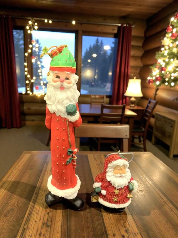 Vintage Resin Santa Claus Christmas Ornaments: 1990s Tall and Short Set