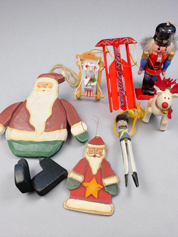 Vintage Wood Christmas Ornament Collection: Santa, Nutcracker, Reindeer, Toy Soldier, Sleds