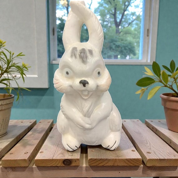 Vintage White Ceramic  Bunny Rabbit Coin Bank Hand-Painted Mischievous Bunny Spring Easter Decoration