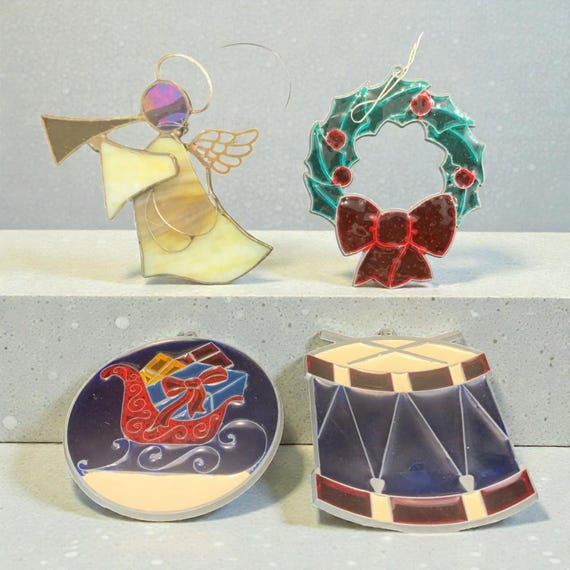 Vintage Glass Sun Catcher Christmas Ornaments Set Of 4 Angel Drum Wreath Sleigh