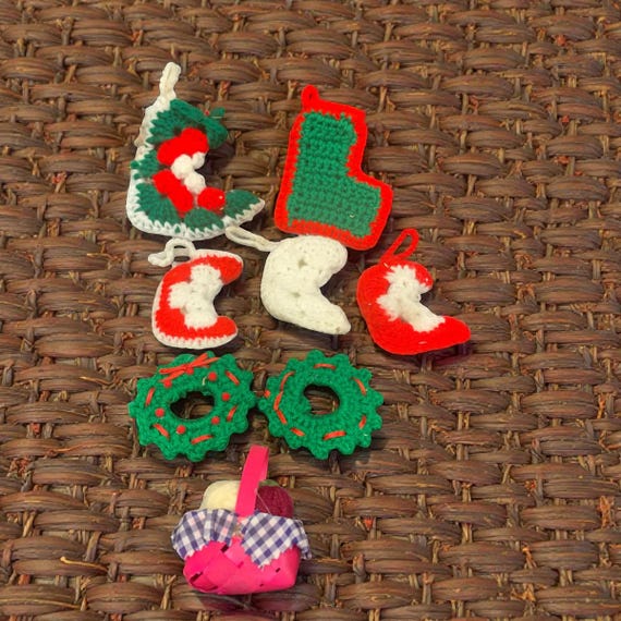 Vintage Crocheted Christmas Ornaments: Stockings, Wreaths, Yarn Basket - Set of 8